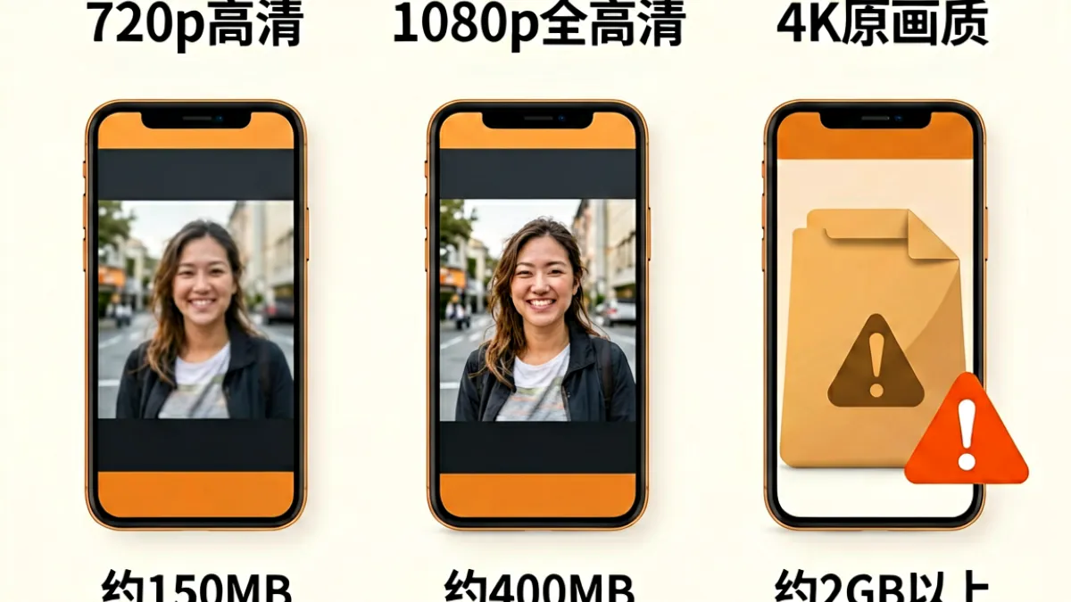 一张清晰的三栏对比信息图，左侧展示720p清晰度的手机屏幕画面细腻程度适中，中间是1080p画面锐利细节丰富，右侧是4K超大文件占用大量手机存储空间的图标示意
