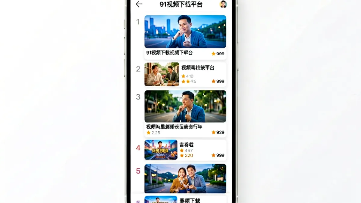 手机屏幕上显示91视频下载平台的热门视频排行榜界面，列表呈现多部正在热播的影视和综艺节目封面缩略图
